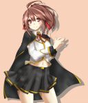 1girl ahoge blazblue blazblue_phase_0 blush brown_eyes brown_hair cape celica_a_mercury hair_ribbon hands_together navel pleated_skirt ponytail ribbon school_uniform skirt smile suzuna_rin