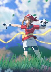  1girl absurdres bandana bike_shorts bike_shorts_under_shorts blue_eyes blue_sky blurry blurry_background breasts brown_hair clouds fanny_pack gjh gloves grass highres holding holding_poke_ball long_hair may_(pokemon) midriff_peek open_mouth outdoors poke_ball poke_ball_(basic) pokemon pokemon_rse red_bandana red_shirt shirt shorts shorts_under_shorts sky solo white_gloves 