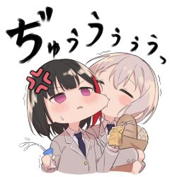  2girls =_= anger_vein aoba_moca bang_dream! black_hair blue_necktie blush bread chibi commentary drinking_straw food grey_hair grey_jacket haneoka_school_uniform highres holding_carton jacket kanade_(kanade_3344) long_sleeves mitake_ran multiple_girls necktie red_streaks school_uniform short_hair simple_background trembling violet_eyes white_background 