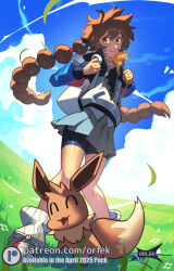 1girl artist_name backpack bag bike_shorts_under_skirt brown_eyes brown_hair closed_mouth clouds commentary day eevee eyelashes falling_leaves gotcha! gotcha!_girl_(pokemon) grass grey_skirt hair_between_eyes happy holding_strap jacket leaf long_hair loose_socks multi-tied_hair orlek outdoors patreon_logo pleated_skirt pokemon pokemon_(creature) ribbed_socks shoes skirt sky smile socks standing twintails watermark web_address white_bag zipper 