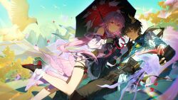  1boy 1girl absurdres belt bird black_belt black_flower black_gloves black_hair black_jacket black_pants black_shirt black_shoes black_umbrella chromatic_aberration crossed_bangs dan_heng_(honkai:_star_rail) dan_heng_(permansor_terrae)_(honkai:_star_rail) day dragon_boy dragon_horns dress earrings evernight_(honkai:_star_rail) flower glass_shards gloves hadanugi_dousa hair_between_eyes hair_flower hair_ornament half-jacket half_gloves hand_on_another&#039;s_cheek hand_on_another&#039;s_face hashtag-only_commentary high_heels highres holding holding_umbrella honkai:_star_rail honkai_(series) horns jacket jewelry layered_dress long_hair long_sleeves looking_at_viewer low_ponytail march_7th_(honkai:_star_rail) mountainous_horizon official_alternate_costume official_alternate_hairstyle outdoors pants parted_lips pink_hair pointy_ears ponytail rattail red_eyes ring shirt shoes shotgunman sidelocks single_bare_leg single_bare_shoulder thigh_strap twintails umbrella white_dress white_shirt yellow_leaves 