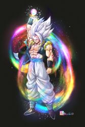  1boy abs absurdres alternate_eye_color alternate_form alternate_hair_color alternate_hairstyle arm_up aura beatlo_(rodrigo38658978) black_vest blue_sash cropped_vest dragon_ball dragon_ball_super dragon_ball_super_broly dragon_ball_super_super_hero energy_orb full_body gogeta gohan_beast grey_hair highres instagram_logo instagram_username long_hair male_focus metamoran_vest muscular muscular_male no_shirt open_clothes open_vest pants sash simple_background solo son_gohan spiky_hair vest white_pants 