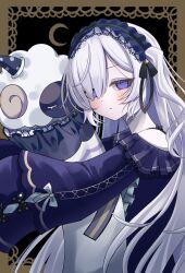  1girl akarine0123 bow commentary dress empty_eyes expressionless gothic_lolita hair_over_one_eye hairband headband highres holding holding_pillow lolita_fashion lolita_hairband long_hair looking_at_viewer mahou_shoujo_no_majo_saiban natsume_anan pillow polka_dot polka_dot_bow purple_dress purple_headband sleeves_past_fingers sleeves_past_wrists solo stuffed_animal stuffed_sheep stuffed_toy tied_sleeves very_long_hair violet_eyes white_hair 