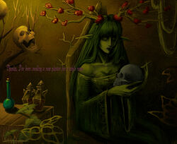  1girl absurdres antlers bare_shoulders bare_tree breasts chair closed_eyes closed_mouth collarbone colored_skin commentary deer_antlers dress english_commentary english_text feet_out_of_frame flower green_dress green_hair green_nails green_skin highres holding holding_skull horn_flower horns indoors lips long_hair long_pointy_ears lunacid nose on_chair patchouli_(lunacid) pointy_ears red_flower saamdream777 signature sitting skull small_breasts solo tree very_long_fingernails wide_sleeves 