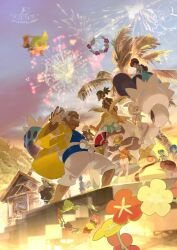 4girls 6+boys aerial_fireworks bag black_jacket black_pants blue_shirt blurry capri_pants comfey crabominable e_volution elio_(pokemon) facial_hair fireworks gladion_(pokemon) guzma_(pokemon) hala_(pokemon) hat hau_(pokemon) highres jacket kiawe_(pokemon) kukui_(pokemon) lana_(pokemon) lillie_(pokemon) machamp makuhita mallow_(pokemon) multiple_boys multiple_girls mustache orange_shirt outdoors palm_tree pants pokemon pokemon_usum riding riding_pokemon selene_(pokemon) shirt shorts shoulder_bag sitting sky sleeveless sleeveless_shirt sophocles_(pokemon) standing tapu_koko tree watermark white_pants white_shorts yellow_jacket