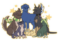  1girl 5boys animal animal_collar animal_focus animalization battle_tendency braid cat chain chain_leash collar commentary diamond_wa_kudakenai dog fishumarket full_body giorno_giovanna higashikata_josuke jojo_no_kimyou_na_bouken jonathan_joestar joseph_joestar joseph_joestar_(young) kujo_jolyne kujo_jotaro leash multiple_boys no_humans odd_one_out phantom_blood scarf star_(symbol) stardust_crusaders stone_ocean striped_clothes striped_scarf tongue tongue_out vento_aureo 