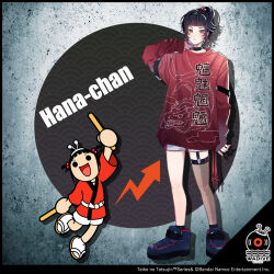 2girls alternate_art_style arm_behind_head armband arrow_(symbol) artist_request bandai_namco black_armband black_eyes black_garter_straps black_shoes black_socks blue_background blunt_bangs blush circle closed_mouth commentary_request copyright_name copyright_notice dot_nose dragon dragon_print drawstring drop_shadow drumsticks dual_persona dual_wielding eastern_dragon english_text frown full_body garter_straps hachimaki hair_bobbles hair_ornament half_updo happi headband high_ponytail highres holding holding_drumsticks japanese_clothes legs_apart looking_at_viewer multicolored_hair multiple_girls nejiri_hachimaki obi official_art open_mouth ponytail print_sweater red_hair red_happi red_sleeve_cuffs red_sleeves red_sweater red_t-shirt sandals sash second-party_source see-through_clothes see-through_thighhighs seigaiha shoes shorts sidelocks single_sleeve_past_wrist single_thighhigh single_vertical_stripe sleeve_cuffs sneakers socks solid_circle_eyes streaked_hair striped_clothes striped_sleeves sweater tabi taiko_no_tatsujin taiko_sticks takahashi_hana takahashi_hana_(wadiverse) tassel text_print thigh-highs three-quarter_sleeves translation_request two_side_up velcro_shoes vertical-striped_clothes vertical-striped_sleeves white_headband white_sash white_shorts white_socks yellow_eyes yellow_sandals zouri