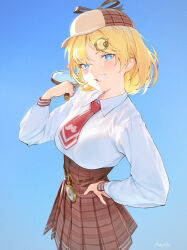  1girl absurdres blonde_hair blue_background blue_eyes bob_cut breasts brown_hat brown_skirt collared_shirt commentary deerstalker english_commentary hair_ornament hand_on_own_hip hand_up hat high-waist_skirt highres holding hololive hololive_english large_breasts looking_at_viewer magnifying_glass making-of_available necktie plaid_clothes plaid_skirt pleated_skirt pocket_watch rayillu red_necktie shirt short_hair short_necktie simple_background skirt solo standing virtual_youtuber watch watson_amelia watson_amelia_(1st_costume) white_shirt 