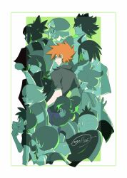  2girls 6+boys absurdres ahoge arm_up artist_name barry_(pokemon) bianca_(pokemon) black_shirt blue_oak brown_eyes brown_hair cccacademia cheren_(pokemon) glasses hat highres hop_(pokemon) hugh_(pokemon) multiple_boys multiple_girls pokemon pokemon_bw2 pokemon_gsc pokemon_rse pokemon_sm pokemon_xy shauna_(pokemon) shirt short_sleeves silver_(pokemon) spiky_hair striped_clothes striped_shirt tierno_(pokemon) trace_(pokemon) trevor_(pokemon) twintails wally_(pokemon) watch 