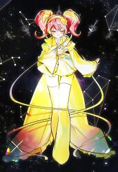  1girl boots closed_eyes commentary_request constellation full_body hairband hand_on_own_chest highres hinamori_amu long_hair mxhxkxcx pink_hair shugo_chara! skirt sleeves_past_wrists solo star_(sky) thigh_boots twintails yellow_boots yellow_skirt 