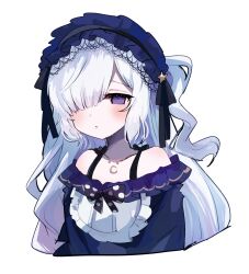  1girl bare_shoulders bow crescent crescent_necklace dodotsuki dress empty_eyes gothic_lolita hair_over_one_eye hairband headband highres jewelry lolita_fashion lolita_hairband long_hair mahou_shoujo_no_majo_saiban natsume_anan necklace polka_dot polka_dot_bow purple_dress purple_headband simple_background solo very_long_hair violet_eyes white_background white_hair 