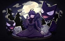  1girl :d absurdres ahoge black_dress black_hair character_name clouds dress full_moon gastly hairband hakusai_(user_nkkd7242) haunter hex_maniac_(pokemon) highres long_hair messy_hair moon night outdoors pokemon pokemon_(creature) purple_hairband sitting smile tombstone very_long_hair 