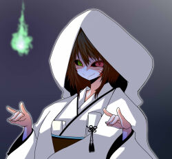  1girl alternate_costume brown_hair closed_mouth commentary_request double_fox_shadow_puppet fox_shadow_puppet green_eyes heterochromia highres hitodama itini-sanshi japanese_clothes kimono looking_at_viewer red_eyes rozen_maiden shiromuku short_hair smile solo souseiseki uchikake upper_body white_kimono 