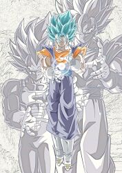  3boys blue_eyes blue_hair blue_pants blue_sash blue_shirt boots dragon_ball dragon_ball_super energy_ball gloves grey_background highres maju_(lthe2001) male_focus medium_hair multiple_boys muscular muscular_male orange_shirt pants sash shirt solo_focus son_goku spiky_hair super_saiyan super_saiyan_blue vegeta vegetto white_boots white_gloves 