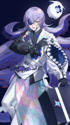  1boy :d absurdres aqua_eyes aqua_hair arm_at_side belt belt_charm black_background black_gloves black_shirt charm_(object) collared_shirt cracked_skin creature crossed_bangs extra_teeth feet_out_of_frame frilled_sleeves frills gloves hair_between_eyes hand_up highres holding holding_suitcase hole_in_face hollow_body holographic_clothing hoshirube_sho hoshirube_sho_(1st_costume) jacket kikugetsu lapels long_hair long_skirt long_sleeves looking_at_viewer male_focus multicolored_eyes multicolored_hair nijisanji otomo_(hoshirube_sho) pants pants_under_skirt pleated_skirt puffy_long_sleeves puffy_sleeves purple_hair red_eyes shirt side_slit single_sleeve skirt sleeves_past_wrists smile solo standing standing_on_one_leg streaked_hair suitcase tentacle_hair two-tone_eyes untucked_shirt very_long_hair virtual_youtuber white_belt white_jacket white_pants zipper zipper_pull_tab 