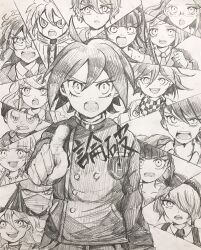  6+boys 6+girls ahoge akamatsu_kaede amami_rantaro android badge barbed_wire bead_necklace beads beanie blazer blunt_bangs blunt_ends bob_cut breast_pocket buttons chabashira_tenko chain checkered_clothes checkered_scarf choker cigarette clenched_hand coat_partially_removed collarbone collared_coat collared_jacket collared_shirt commentary_request covered_mouth cowboy_shot crest danganronpa_(series) danganronpa_v3:_killing_harmony determined double-breasted dress everyone eyelashes facial_hair furrowed_brow gem_hair_ornament glasses goatee goggles goggles_on_head gokuhara_gonta greyscale hair_between_eyes hair_ornament hair_over_one_eye hair_ribbon hair_scrunchie hairband hairclip harukawa_maki hat highres hoshi_ryoma iruma_miu jacket jewelry k1-b0 lace-trimmed_hairband lace_trim lapels leather leather_jacket long_hair looking_at_viewer low_twintails mask messy_hair mikoto_(cotot) mole mole_under_eye momota_kaito monochrome mouth_hold mouth_mask multiple_boys multiple_girls musical_note musical_note_hair_ornament necklace necktie notched_lapels oma_kokichi open_clothes open_jacket open_mouth pants peaked_cap pinafore_dress pinstripe_jacket pinstripe_pants pinstripe_pattern pocket pointing pointing_at_viewer ribbon round_eyewear saihara_shuichi sailor_collar scarf school_uniform scrunchie serafuku shell shell_necklace shinguji_korekiyo shirogane_tsumugi shirt short_hair sleeve_cuffs sleeveless sleeveless_dress smile smug spiky_hair standing straight_hair teeth tojo_kirumi traditional_media translation_request twintails upper_teeth_only v-shaped_eyebrows v-shaped_eyes very_long_hair vest yonaga_angie yumeno_himiko zipper zipper_pull_tab 