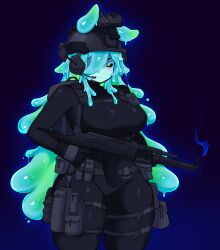  1girl absurdres antennae belt black_sclera blue_hair blush breasts colored_sclera green_hair gun headset helmet highres holding holding_gun holding_weapon houndeater large_breasts long_hair monster_girl original pee-chan_(houndeater) slime_(substance) slime_girl slime_hair solo tactical_clothes very_long_hair weapon 