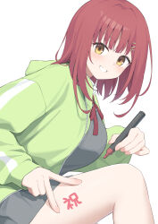  1girl :d absurdres blunt_bangs blush commentary_request fingernails from_side futamihara_ririko green_jacket grey_skirt grin hair_ornament hairclip hand_up happy highres holding holding_marker hotarihotaru jacket leaning_forward limelight_lemonade_jam looking_at_viewer marker medium_hair neck_ribbon open_clothes open_jacket red_hair red_ribbon ribbon school_uniform simple_background skirt sleeves_past_wrists smile solo straight_hair thighs track_jacket v white_background yellow_eyes 