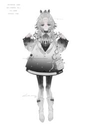  1girl absurdres boots dress full_body grey_hair greyscale heilanshuimuchu highres long_hair long_sleeves looking_at_viewer monochrome original pantyhose parted_bangs simple_background solo standing white_background white_boots 