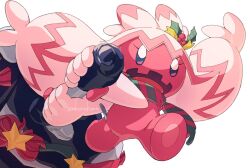  arms_up colored_skin full_body hair_ornament hammer holding holding_hammer holly_hair_ornament korosliszt open_mouth pink_skin pokemon pokemon_(creature) pokemon_focus scarf simple_background star_(symbol) striped_clothes striped_scarf tinkaton twitter_username white_background 