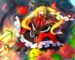  1girl bat blazblue blonde_hair blush capelet cat dress flower frills gii gothic_lolita hair_ribbon heel-less_shoes lolita_fashion long_hair nago petals rachel_alucard red_eyes ribbon rose rose_petals smile tongue tongue_out twintails umbrella 