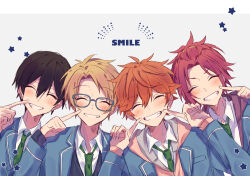  4boys akehoshi_subaru bangs_pinned_back black_hair blonde_hair blue-framed_eyewear blue_jacket blush closed_eyes ensemble_stars! glasses green_necktie hidaka_hokuto highres index_finger_raised index_fingers_raised isara_mao jacket male_focus multiple_boys necktie orange_hair pointing pointing_at_self red_hair school_uniform simple_background smile star_(symbol) trickstar_(ensemble_stars!) upper_body yumenosaki_school_uniform yuuki_makoto_(ensemble_stars!) zu_tonatuyasumi 