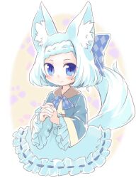  1girl animal_ears belt blue_eyes blue_hair blue_jacket blue_ribbon blue_skirt braid brown_belt brown_capelet capelet checkered_ribbon emil_chronicle_online frilled_skirt frills hair_ribbon jacket looking_at_viewer neck_ribbon own_hands_clasped own_hands_together ribbon shirt skirt smile solo tail white_shirt whitefang_alma wolf_ears wolf_girl wolf_tail yusa_yuyu 