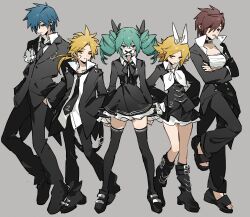  2boys 3girls absurdres aqua_hair bandaid bandaid_on_cheek bandaid_on_face black_boots black_choker black_dress black_jacket black_necktie black_pants black_ribbon black_sandals black_shoes black_thighhighs blonde_hair blue_eyes blue_hair boots brown_eyes brown_hair chest_sarashi choker closed_mouth collared_shirt crossed_arms dress drill_hair grey_background gyu9447 hair_over_one_eye hair_ribbon hands_on_own_hips hatsune_miku highres himitsu_keisatsu_(vocaloid) jacket kagamine_len kagamine_rin kaito kaito_(vocaloid) long_hair long_sleeves mask meiko meiko_(vocaloid) mouth_mask multiple_boys multiple_girls necktie pants ribbon sandals sarashi shirt shoes short_hair simple_background spiky_hair standing thigh-highs twin_drills twintails vocaloid white_mask white_ribbon white_shirt yellow_eyes 