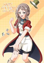  1girl :d aki_masuzu ascot bike_shorts bike_shorts_under_shorts birthday black_ascot black_shorts blush boots braid braided_ponytail brown_eyes brown_hair buttons card character_name clenched_hand coat dated double-breasted english_text feet_out_of_frame hair_over_shoulder hand_up happy_birthday hat highres jacket knee_boots long_hair looking_at_viewer mahjong mahjong_tile mini_hat mygod877sasa nogi_wakaba_wa_yuusha_de_aru open_hand open_mouth orange_background red_coat red_jacket scarf shirt short_bangs short_sleeves shorts side_braid sidelocks single_braid smile solo standing teeth top_hat unworn_hat unworn_headwear upper_teeth_only v-shaped_eyebrows white_shirt white_shorts yellow_background yuusha_de_aru 