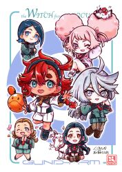  6+girls afro_puffs aliya_mahvash animal_on_head arm_behind_head arm_up artist_name asticassia_school_uniform bird bird_on_head black_boots black_hair black_hairband black_shoes black_socks boots brown_boots brown_hair chibi chibi_only chicken chuatury_panlunch circle_name closed_mouth commentary_request copyright_name flying_sweatdrops goat green_jacket green_shorts grey_eyes gundam gundam_suisei_no_majo hair_between_eyes hairband hand_up haro heart highres holding holding_tablet_pc indian_style jacket kokomahi lilique_kadoka_lipati long_hair long_sleeves looking_at_viewer medium_hair miorine_rembran multiple_girls nika_nanaura non-humanoid_robot on_head one_eye_closed open_mouth orange_eyes own_hands_together pantyhose pink_eyes pink_hair pink_jacket ponytail red_hair red_socks robot school_uniform shoes short_hair shorts shoulder_boards sitting sleeves_past_wrists smile socks sparkle standing standing_on_one_leg suletta_mercury tablet_pc teeth thick_eyebrows thumbs_up upper_teeth_only white_hair white_jacket white_shoes yellow_eyes 