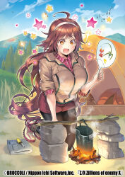  1girl ahoge black_pantyhose blue_sky bonfire breasts brown_hair brown_jacket camping clouds cloudy_sky cooking_pot copyright_notice green_trim hairband hand_fan highres holding holding_fan ishibashi_yosuke jacket kneeling large_breasts long_hair multicolored_shoes newspaper official_art open_mouth orange_eyes outdoors pantyhose paper_fan pink_shoes plaid_clothes plaid_shirt prism_(z/x) red_shirt red_shorts rock shirt shoes shorts sky solo sparkle star_(symbol) tent uchiwa very_long_hair wand_lighter white_hairband white_shoes z/x 