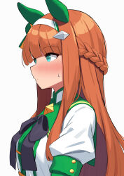  1girl alternate_hairstyle amenocchi animal_ears black_bow blunt_bangs blush bow braid closed_mouth ear_covers from_side green_eyes green_trim hairband half_up_braid highres horse_ears horse_girl looking_ahead orange_hair puffy_sleeves shirt silence_suzuka_(innocent_silence)_(umamusume) silence_suzuka_(umamusume) simple_background solo umamusume upper_body white_background white_hairband white_shirt 