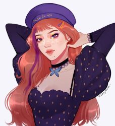  1girl aegyo_sal arms_behind_head arms_up beret black_choker bra_strap breasts butterfly_choker choker closed_mouth collarbone diamond_print draw_this_in_your_style_challenge dress ear_piercing eyelashes eyeshadow freckles hair_ornament hair_over_breasts hair_over_one_breast hairclip hat juliet_sleeves lace-trimmed_choker lace-trimmed_sleeves lace_trim long_sleeves makeup medium_breasts mole mole_on_breast mole_on_collarbone mole_under_mouth multicolored_eyeshadow multicolored_hair original piercing puffy_sleeves purple_dress purple_eyeshadow purple_hair purple_hat short_bangs simple_background streaked_hair text_print thick_eyebrows thick_lips twitter_username two-tone_eyeshadow two-tone_hair upper_body violet_eyes wavy_hair white_background yellow_eyeshadow zeebythesea 