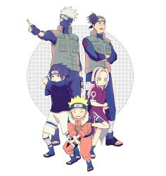  1girl 4boys bandaged_leg bandages black_hair black_jacket black_pants black_shirt black_shorts blonde_hair blue_shirt brown_hair child closed_eyes closed_mouth crossed_arms dress facial_mark full_body furrowed_brow green_eyes green_vest grey_hair grin hairband haruno_sakura hatake_kakashi headband highres jacket jumpsuit long_hair long_sleeves mask mouth_mask multiple_boys naruto_(series) nmyuo open-toe_shoes open_mouth orange_jacket orange_jumpsuit orange_pants pants parted_bangs pelvic_curtain pink_hair pointing ponytail red_dress scar scar_on_face scar_on_nose shirt short_hair short_sleeves shorts shorts_under_dress smile spiky_hair teeth uchiha_sasuke umino_iruka uzumaki_naruto vest whisker_markings white_background white_shorts 