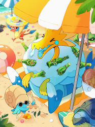  absurdres amber_(gemstone) archen arctozolt ball beach beach_umbrella beachball beer_bottle closed_eyes cradily day gem highres innertube leaf no_humans old_amber omanyte open_mouth outdoors pokemon pokemon_(creature) sand_castle sand_sculpture swim_ring taplaos tirtouga umbrella water 