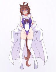  1girl agnes_tachyon_(umamusume) ahoge animal_ears breasts chemical_structure covered_navel earrings hair_ornament highleg highleg_leotard highres horse_ears horse_girl horse_tail huge_ahoge jewelry kaijin_debeso lab_coat large_breasts leotard looking_at_viewer shaded_face single_earring sleeves_past_fingers sleeves_past_wrists smile solo tail thigh-highs umamusume white_thighhighs 