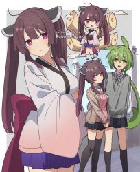  2girls :d ahoge animal_ears black_ribbon black_skirt black_socks black_thighhighs blunt_bangs blush breasts bright_pupils brown_hair brown_jacket closed_mouth collared_shirt commentary_request corn_kuten cowboy_shot feet_out_of_frame green_hair grey_sweater_vest hair_between_eyes headgear jacket japanese_clothes kimono kiritanpo_(food) kneehighs large_breasts long_hair long_sleeves miniskirt multiple_girls multiple_views neck_ribbon obi open_clothes open_jacket open_mouth pink_sweater pleated_skirt purple_skirt red_eyes red_sash ribbon sash shirt skirt smile socks standing sweater sweater_vest thigh-highs touhoku_kiritan translation_request twintails voiceroid voicevox white_kimono white_pupils white_shirt wide_sleeves wing_collar yellow_eyes zettai_ryouiki zundamon 