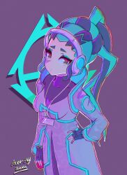  1girl absurdres aurax118 black_gloves black_hair breasts chromatic_aberration closed_mouth commentary english_commentary eyelashes eyeshadow fingerless_gloves gloves green_eyeshadow green_hair green_pupils hand_on_own_hip headset highres holding id_card lab_coat long_hair long_sleeves makeup multicolored_hair pokemon pokemon_unite ponytail professor_phorus purple_background red_eyes signature simple_background solo two-tone_hair 