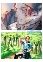  1boy absurdres beanie beard black_hat breath camera camera_around_neck commentary_request connected_beard digital_camera facial_hair hat highres male_focus momoh_jiyucho multiple_views one_piece pants parted_lips red_hair red_pants scar scar_across_eye scar_on_face shanks_(one_piece) shirt short_hair v white_shirt 