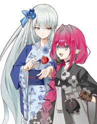  2girls absurdres baobhan_sith_(fate) baobhan_sith_(over_the_same_sky)_(fate) black_gloves black_kimono blue_eyes blue_kimono braid candy_apple cernunnos_(fate) choker fate/grand_order fate_(series) floral_print food gloves grey_eyes highres hookyourist japanese_clothes kimono long_hair morgan_le_fay_(fate) morgan_le_fay_(fgo_fes._2023)_(fate) mother_and_daughter multiple_girls open_mouth pink_hair pointy_ears side_braid single_braid smile stuffed_toy white_hair 