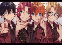  4boys akehoshi_subaru bangs_pinned_back black_border black_hair blonde_hair blue_eyes border closed_mouth ensemble_stars! green_eyes hair_between_eyes hidaka_hokuto highres isara_mao jacket long_sleeves looking_at_viewer male_focus multiple_boys one_eye_closed orange_hair outstretched_hand parted_bangs pointing pointing_at_viewer portrait red_hair red_jacket short_hair smile trickstar_(ensemble_stars!) yuuki_makoto_(ensemble_stars!) zu_tonatuyasumi 