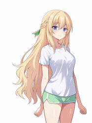  1girl blonde_hair blue_eyes blush breasts choujigen_game_neptune closed_mouth commentary_request cowboy_shot eyelashes green_shorts hair_ribbon highres kawaruwaru long_hair neptune_(series) ribbon shirt short_shorts short_sleeves shorts simple_background smile solo t-shirt vert_(neptunia) white_background white_shirt 