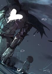  1girl 1other 2018 2d alternate_form ambiguous_gender ankle_boots armor blue_skin boots breastplate child dated death digital_media double_horizontal_stripe duo dutch_angle female frisk_(undertale) gauntlets genocide_route_(undertale) grey_background headless high_ponytail horizontal-striped_clothes human melting monster monster_girl seki_(vcyr2733) shirt short_hair shorts signature simple_background spoilers striped_clothes striped_shirt undertale undyne undyne_the_undying utdr_(toby_fox) 