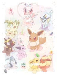  black_eyes black_flower blue_eyes blue_flower blush brown_eyes cherry_blossoms closed_eyes closed_mouth colored_sclera commentary_request dated eevee espeon evolution_stone fire_stone flareon flower glaceon green_flower grey_flower highres jewelry jolteon leafeon mkt_(buizu-miki) necklace no_humans orange_flower petals pink_flower pink_petals pokemon pokemon_(creature) pokemon_focus purple_flower red_sclera sitting smile snow_globe sylveon thunder_stone umbreon vaporeon violet_eyes water_stone yellow_flower 