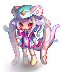  1girl animal_ears aqua_hat blush_stickers chibi chibi_only cloud_(lufaeris) commentary double-parted_bangs english_commentary full_body hair_between_eyes hand_up hat jacket long_hair looking_at_viewer necktie no_shoes open_mouth original pink_eyes pink_jacket purple_hair purple_necktie purple_shorts shorts simple_background single_blush_sticker socks solo tail tentacle_hair white_background yellow_socks 