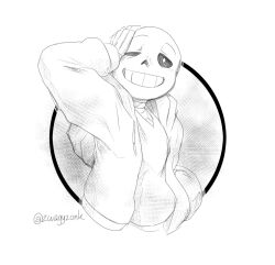  1boy 2020 2d artist_name cropped_torso digital_media drawstring hand_in_pocket hand_on_own_face head_tilt hood hood_down hooded_jacket humanoid jacket looking_at_viewer male male_focus male_only monochrome monster monster_boy one_eye_closed open_clothes open_jacket outside_border round_border sans_(undertale) simple_background skeleton solo sweater teeth undead undertale utdr_(toby_fox) white_background zwagyzonk 