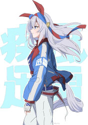  1girl animal_ears belt blue_eyes blue_hairband blue_jacket blue_sports_bra closed_mouth crop_top ear_covers fingerless_gloves from_side gloves grey_hair grey_tail hair_between_eyes hairband hapi_(ht64hap) headband highres horse_ears horse_girl horse_tail jacket lightning_bolt_print lightning_bolt_symbol long_hair long_sleeves pants red_headband solo sports_bra striped_clothes striped_hairband tail tamamo_cross_(umamusume) tamamo_cross_(with_lightning_speed)_(umamusume) umamusume white_pants 