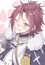  1boy absurdres bangs_pinned_back clenched_teeth commentary_request ensemble_stars! from_above fur_trim green_eyes hair_ornament hairclip highres isara_mao looking_at_viewer male_focus one_eye_closed purple_hair reijiro short_hair smile solo star_(symbol) teeth upper_body white_background 