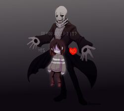  1boy 1other 2019 2d artist_name behind_another black_coat coat commission deltarune digital_media double_horizontal_stripe duo english_text floating full_body gradient_background grey_background heart hole_in_hand hollow_eyes horizontal-striped_clothes humanoid male monster monster_boy outstretched_arms pants simple_background soul_(deltarune) standing striped_clothes striped_sweater sweater text turtleneck turtleneck_sweater undertale utdr_(toby_fox) vessel_(deltarune) w.d._gaster white_sweater zwagyzonk 