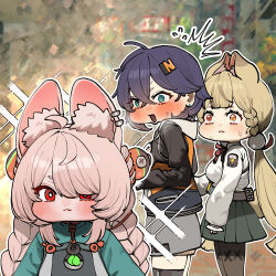  3girls :3 ^^^ absurdres alice_thymefield animal_ear_fluff animal_ear_piercing animal_ears belle_(zenless_zone_zero) black_shirt blonde_hair blue_hair blurry blurry_background blush braid braided_twintails bright_pupils chroong commentary_request distracted_boyfriend_(meme) ear_piercing furry furry_female green_eyes green_shirt hair_ornament hair_over_one_eye heterochromia highres korean_commentary long_hair long_sleeves meme multiple_girls outdoors outline piercing pink_fur puffy_cheeks rabbit_ears rabbit_girl red_eyes shirt short_hair sphere_hair_ornament standing sweatdrop twintails upper_body v-shaped_eyebrows white_outline white_pupils white_shirt yellow_eyes zenless_zone_zero zhao_(zenless_zone_zero) 